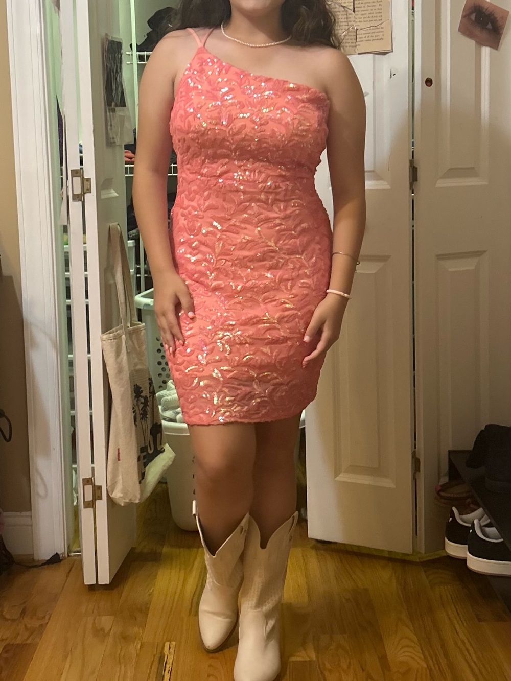 One-Shoulder Coral Sequin Lace Sheath Dress